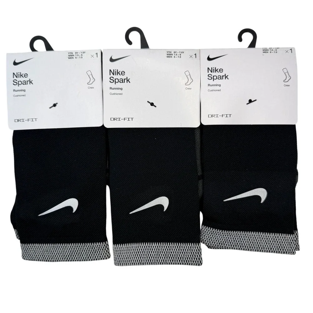3 Pair Nike Spark Running Crew Socks Black Reflective Cushioned M 6-7.5 W 7.5-9